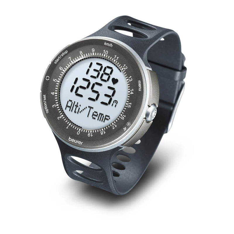 Reloj Pulsómetro Digital con medición de Altitud, para alpinistas o escaladores, Sumergible hasta 50 Mts, Color Gris - Marca Beurer.