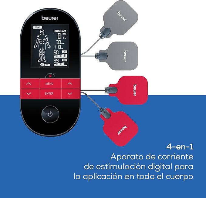 Electroestimulador muscular digital TENS/EMS EM41 con función de calor, 4 Electrodos y 64 aplicaciones, tiempo de encendido/apagado programable - Marca Beurer