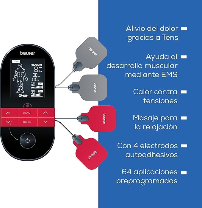 Electroestimulador muscular digital TENS/EMS EM41 con función de calor, 4 Electrodos y 64 aplicaciones, tiempo de encendido/apagado programable - Marca Beurer