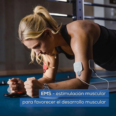 Electroestimulador muscular digital TENS/EMS EM41 con función de calor, 4 Electrodos y 64 aplicaciones, tiempo de encendido/apagado programable - Marca Beurer