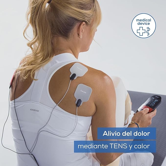 Electroestimulador muscular digital TENS/EMS EM41 con función de calor, 4 Electrodos y 64 aplicaciones, tiempo de encendido/apagado programable - Marca Beurer