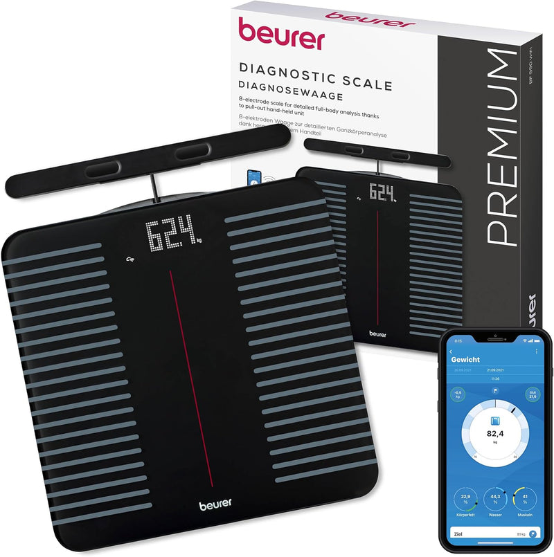 Báscula diagnóstica WIFI/Bluetooth® de 8 electrodos con parte de mano extensible para análisis corporal completo  BF990  / Marca beurer®