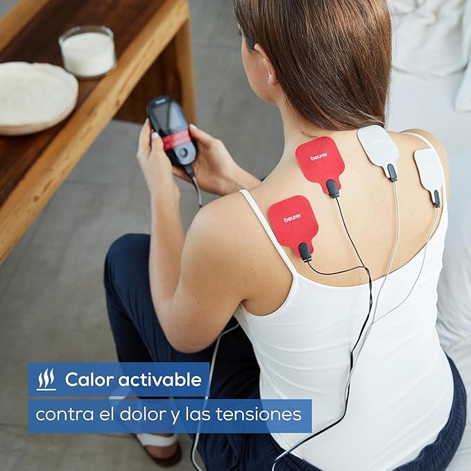 Electroestimulador muscular digital TENS/EMS EM41 con función de calor, 4 Electrodos y 64 aplicaciones, tiempo de encendido/apagado programable - Marca Beurer