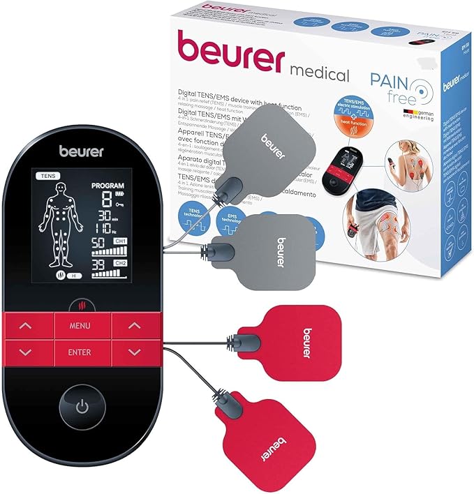 Electroestimulador muscular digital TENS/EMS EM41 con función de calor, 4 Electrodos y 64 aplicaciones, tiempo de encendido/apagado programable - Marca Beurer