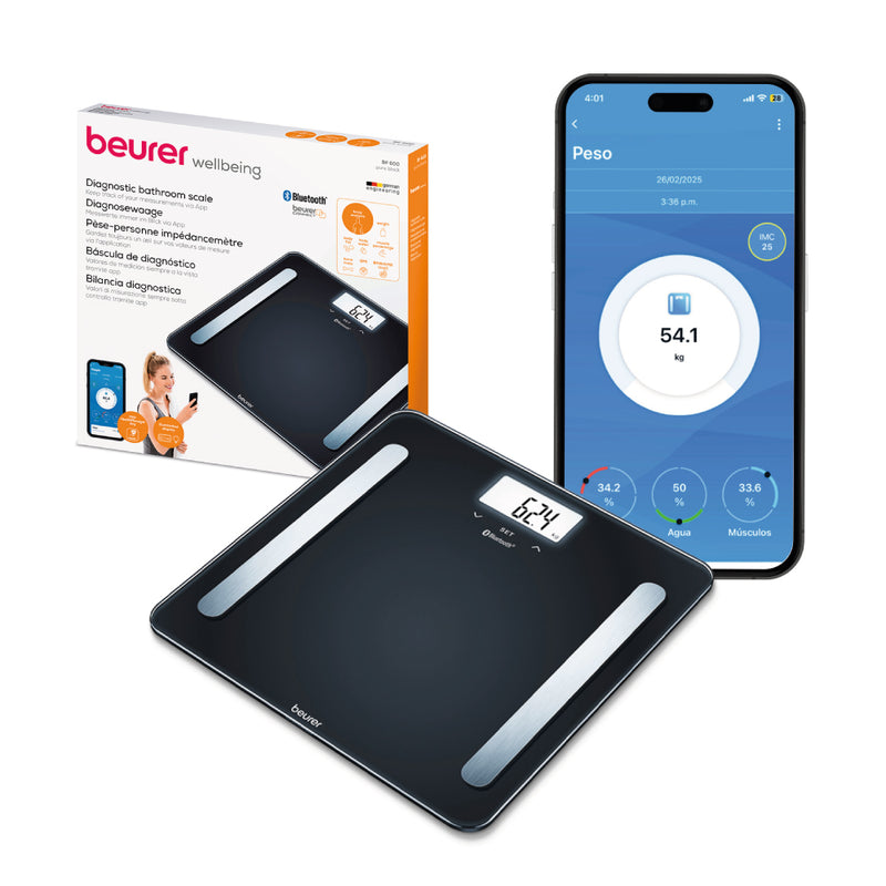 Báscula Bluetooth con Memoria Hasta para 8 Usuarios, Análisis Corporal de Cuerpo Completo, Mide IMC, Grasa, Agua, Masa Muscular, Masa Ósea e Indicación de Calorías BMR / Marca Beurer