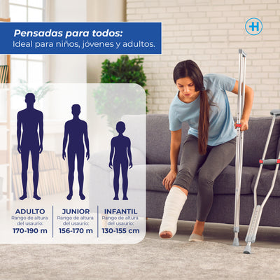 Muletas de aluminio ajustables para niño, joven o adulto, soportan hasta 110 KG por su estructura de alta resistencia Marca Handy