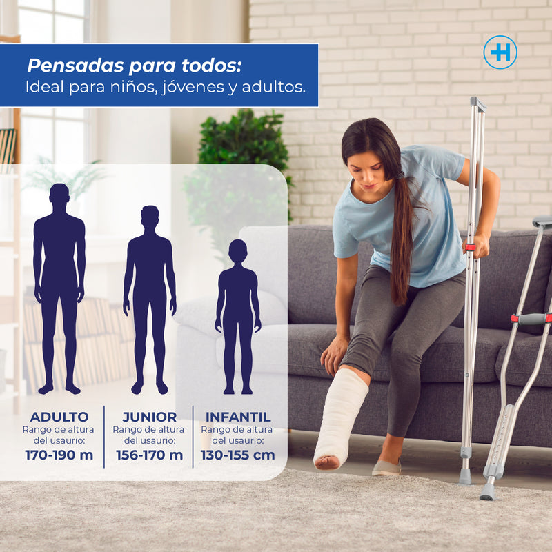 Muletas de aluminio ajustables para niño, joven o adulto, soportan hasta 110 KG por su estructura de alta resistencia Marca Handy