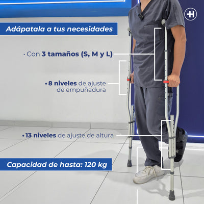 Muletas de aluminio ajustables para niño, joven o adulto, soportan hasta 110 KG por su estructura de alta resistencia Marca Handy