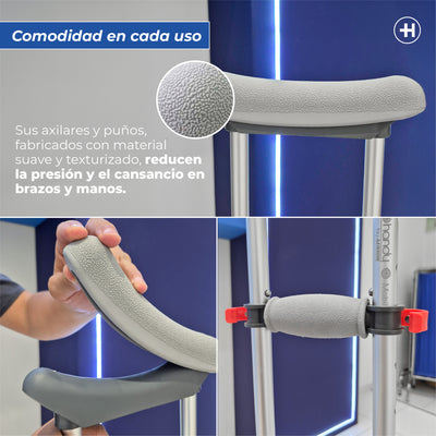 Muletas de aluminio ajustables para niño, joven o adulto, soportan hasta 110 KG por su estructura de alta resistencia Marca Handy
