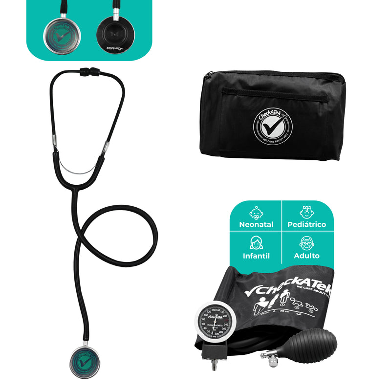 Set Profesional de Baumanómetro Aneroide y Estetoscopio Doble Incluye Estuche y Accesorios | Marca Checkatek