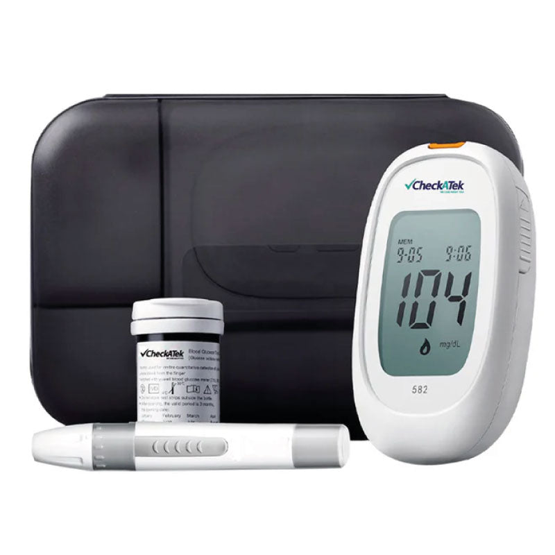 Glucómetro con 25 tiras reactivas, pluma disparadora y 25 lancentas para medir glucosa | Marca Checkatek