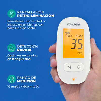 Glucómetro con 25 tiras reactivas, pantalla LCD y auto codificación | Marca Checkatek
