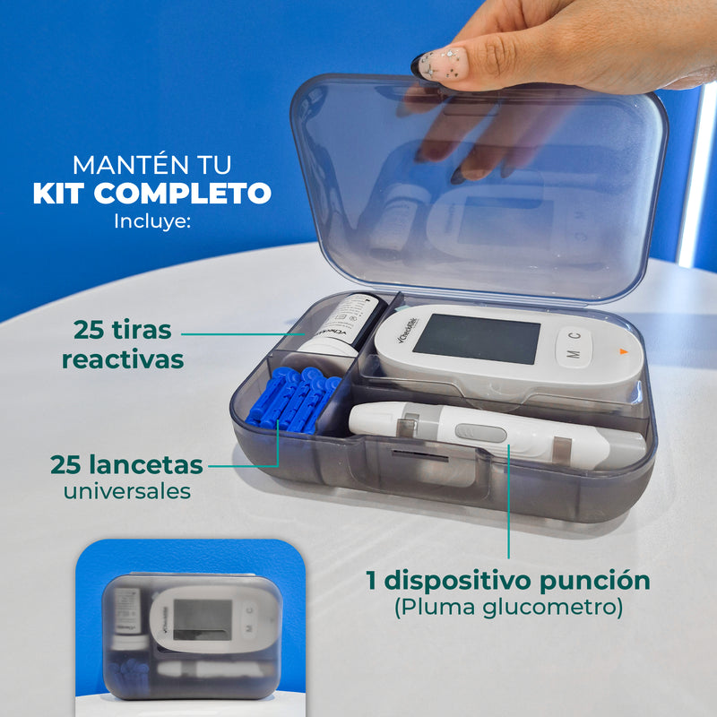 Glucómetro con 25 tiras reactivas, pantalla LCD y auto codificación | Marca Checkatek