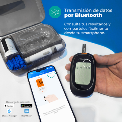 Glucómetro con 25 tiras reactivas, pluma disparadora y 25 lancentas para medir glucosa | Marca Checkatek