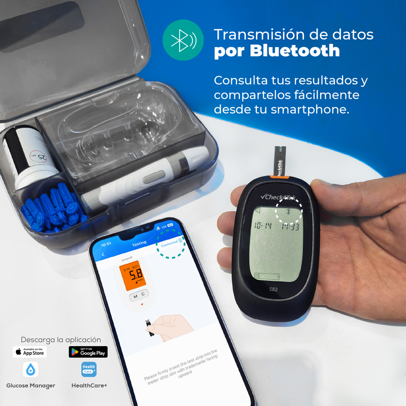 Glucómetro con 25 tiras reactivas, pluma disparadora y 25 lancentas para medir glucosa | Marca Checkatek