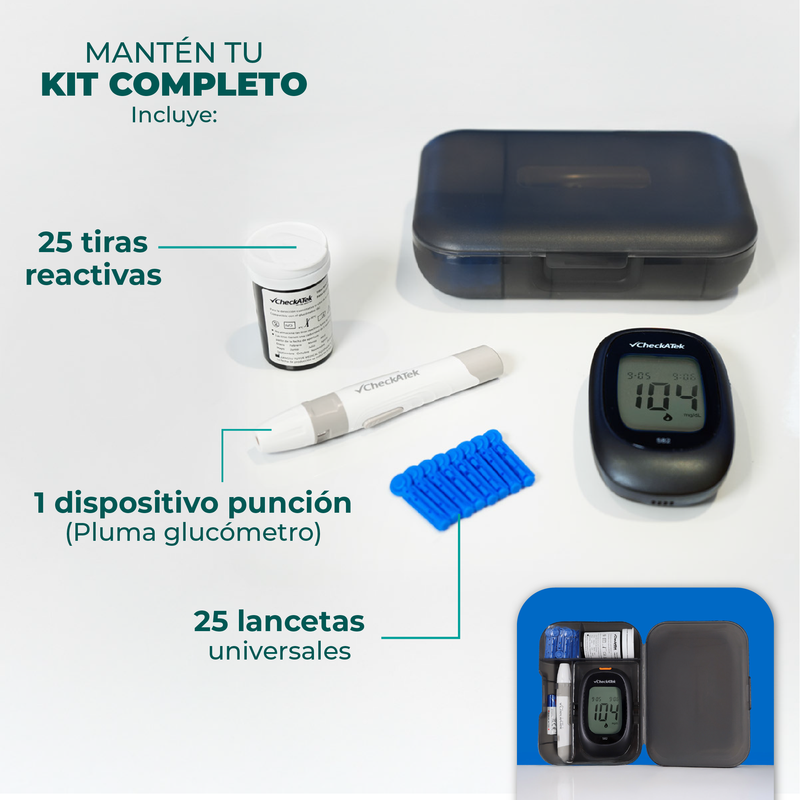 Glucómetro con 25 tiras reactivas, pluma disparadora y 25 lancentas para medir glucosa | Marca Checkatek