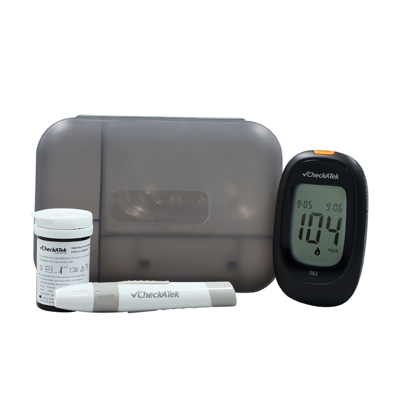 Glucómetro con 25 tiras reactivas, pluma disparadora y 25 lancentas para medir glucosa | Marca Checkatek