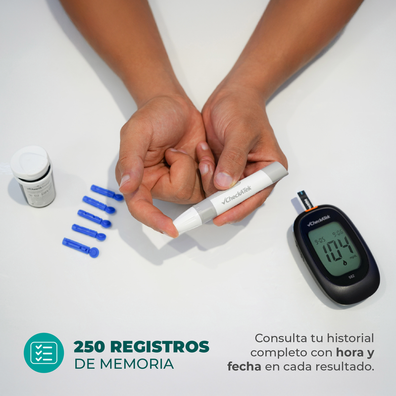 Glucómetro con 25 tiras reactivas, pluma disparadora y 25 lancentas para medir glucosa | Marca Checkatek