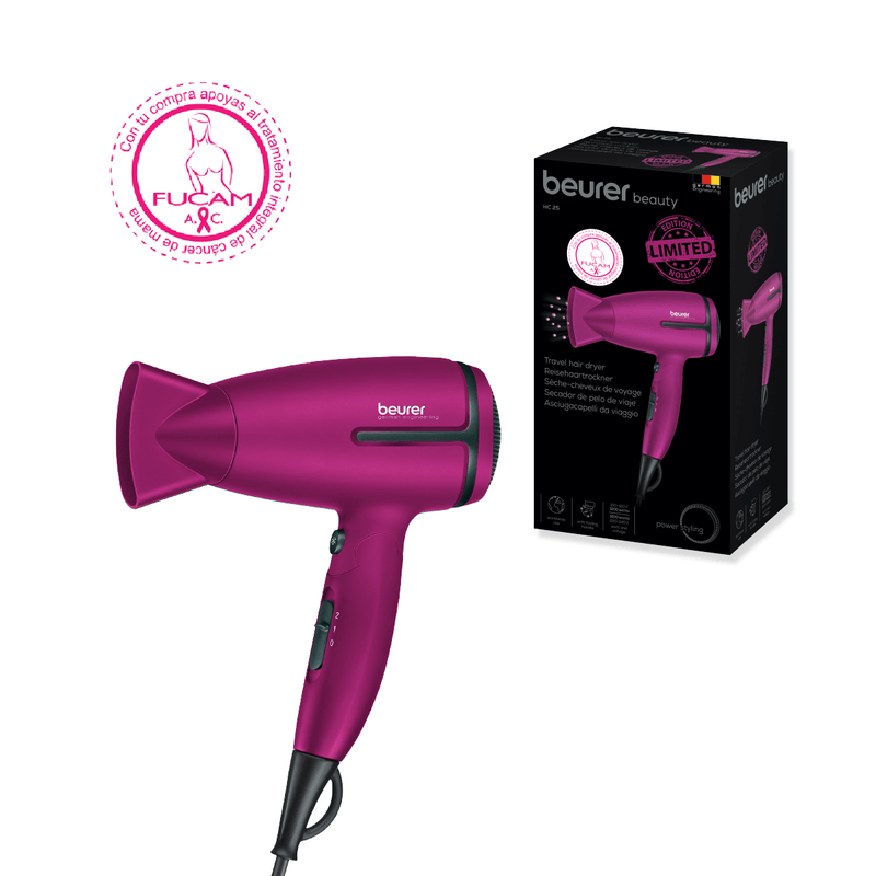 Secadora de cabello plegable con función de iones para brillo y suavidad, ideal para viajes HC25 - Marca Beurer