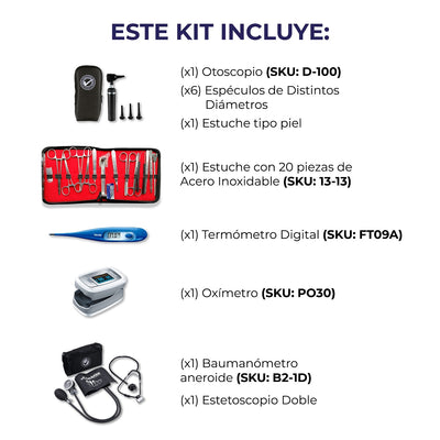 Kit de instrumental esencial con oxímetro beurer, otoscopio LED, termómetro, estuche disección, baumanómetro y estetoscopio