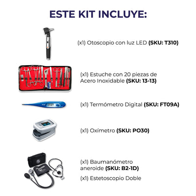 Kit de instrumental esencial con oxímetro beurer, otoscopio de fibra óptica xignal, termómetro, estuche disección, baumanómetro y estetoscopio