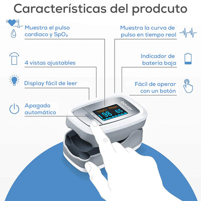 Oxímetro de pulso digital, mide oxígeno arterial y frecuencia cardiaca PO30 - Marca Beurer