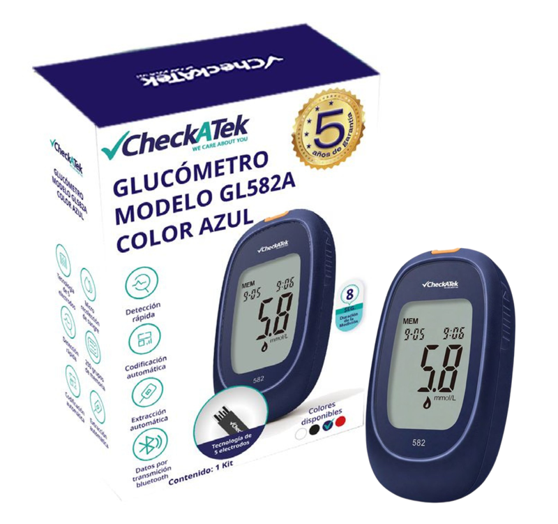 Glucómetro con 25 tiras reactivas, pluma disparadora y 25 lancentas para medir glucosa | Marca Checkatek