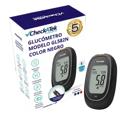Glucómetro con 25 tiras reactivas, pluma disparadora y 25 lancentas para medir glucosa | Marca Checkatek
