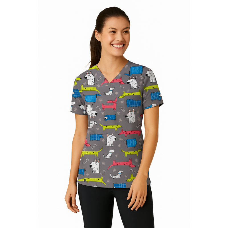 Filipina Médica con Cuello en "V", 3 Bolsillos 8% Spandex para Mujer con estampado Perros- Marca Wink