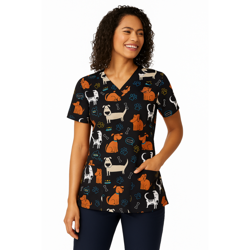 Filipina Médica con Cuello en "V", 3 Bolsillos 8% Spandex para Mujer con estampado Croquetas - Marca Wink