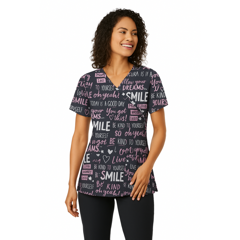 Filipina Médica con Cuello en "V", 3 Bolsillos 8% Spandex para Mujer con estampado Smile - Marca Wink