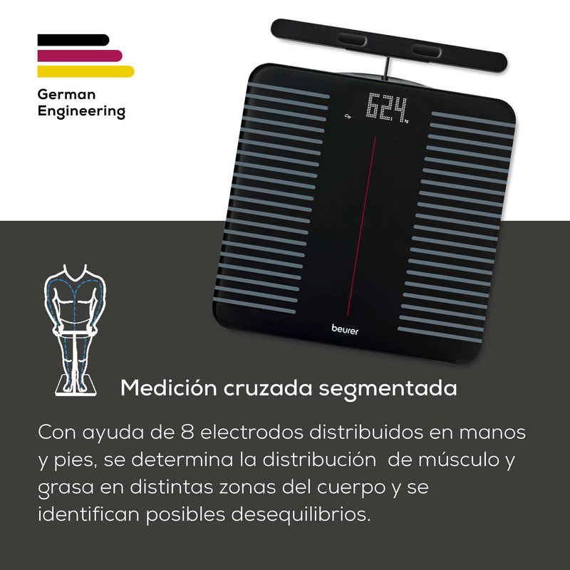 Báscula diagnóstica WIFI/Bluetooth® de 8 electrodos con parte de mano extensible para análisis corporal completo  BF990  / Marca beurer®
