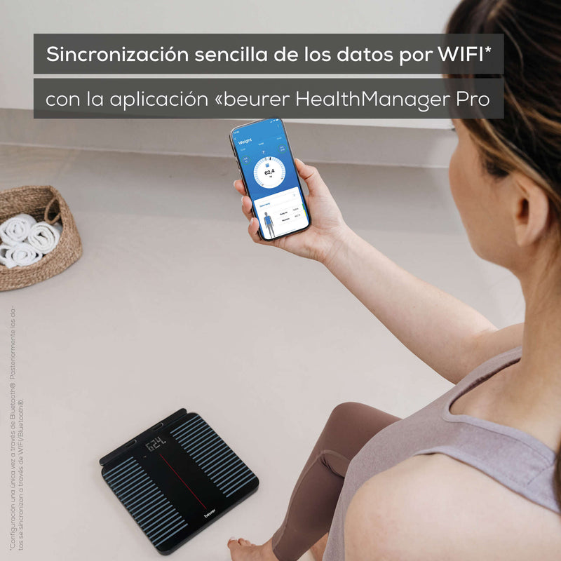 Báscula diagnóstica WIFI/Bluetooth® de 8 electrodos con parte de mano extensible para análisis corporal completo  BF990  / Marca beurer®
