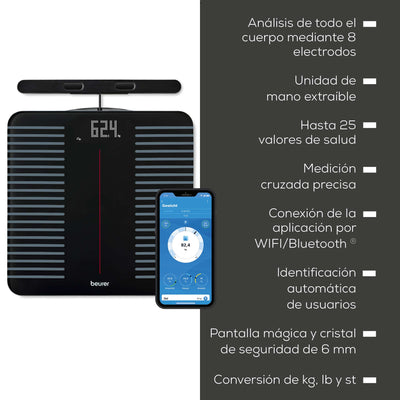 Báscula diagnóstica WIFI/Bluetooth® de 8 electrodos con parte de mano extensible para análisis corporal completo  BF990  / Marca beurer®