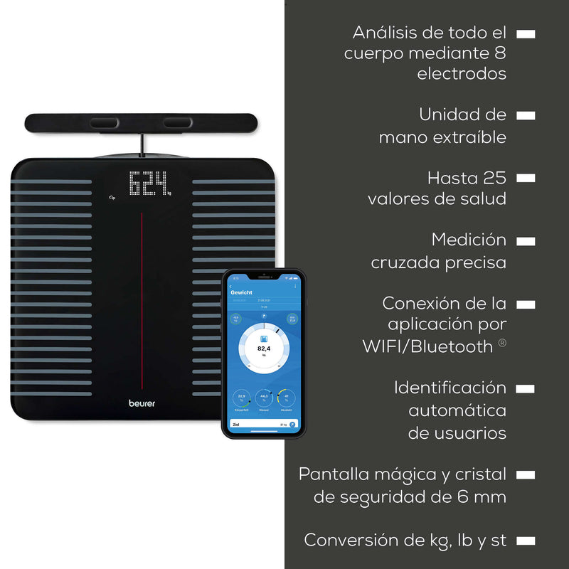 Báscula diagnóstica WIFI/Bluetooth® de 8 electrodos con parte de mano extensible para análisis corporal completo  BF990  / Marca beurer®
