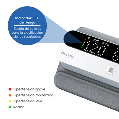 Baumanómetro bluetooth digital de brazo recargable con indicador de riesgo y detección de arritmias. para Brazo de 22-42 cm marca Beurer