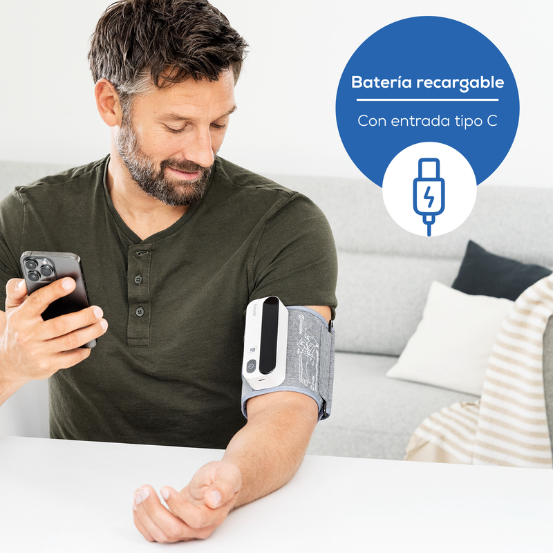 Baumanómetro bluetooth digital de brazo recargable con indicador de riesgo y detección de arritmias. para Brazo de 22-42 cm marca Beurer