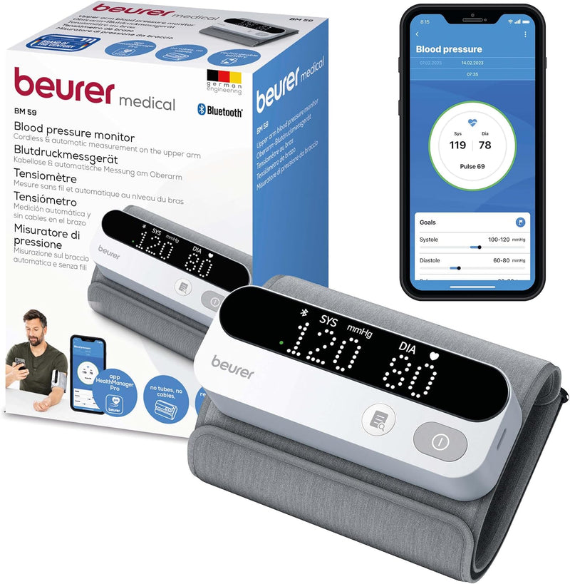 Baumanómetro bluetooth digital de brazo recargable con indicador de riesgo y detección de arritmias. para Brazo de 22-42 cm marca Beurer