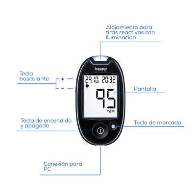 Medidor de Glucosa de Fácil Lectura con Estuche y Tiras Reactivas / Glucometro GL44 Marca Beurer