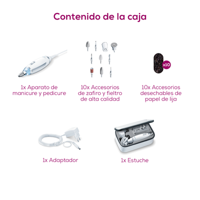 Set de manicura y pedicura profesional recargable con luz LED, incluye 10 accesorios de acero inoxidable y estuche - Marca Beurer