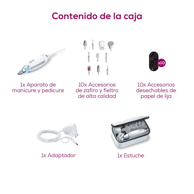 Set de manicura y pedicura profesional recargable con luz LED, incluye 10 accesorios de acero inoxidable y estuche - Marca Beurer