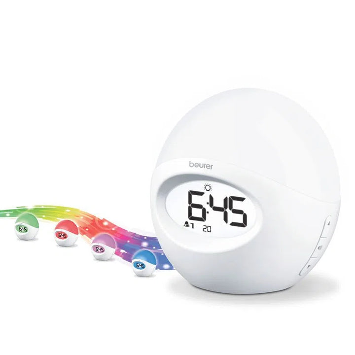 Reloj Despertador con luz de varios colores cuenta con radio y conexion USB para reproducir musica desde el celular Marca Beurer