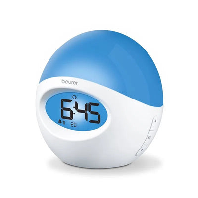 Reloj Despertador con luz de varios colores, cuenta con radio y conexión USB para reproducir música desde el celular - Marca Beurer