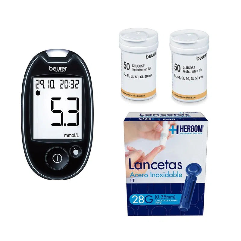 Glucómetro Marca Beurer con 100 Tiras Reactivas y 100 Lancetas Ultrafinas / Medidor de Glucosa GL44 Marca Beurer