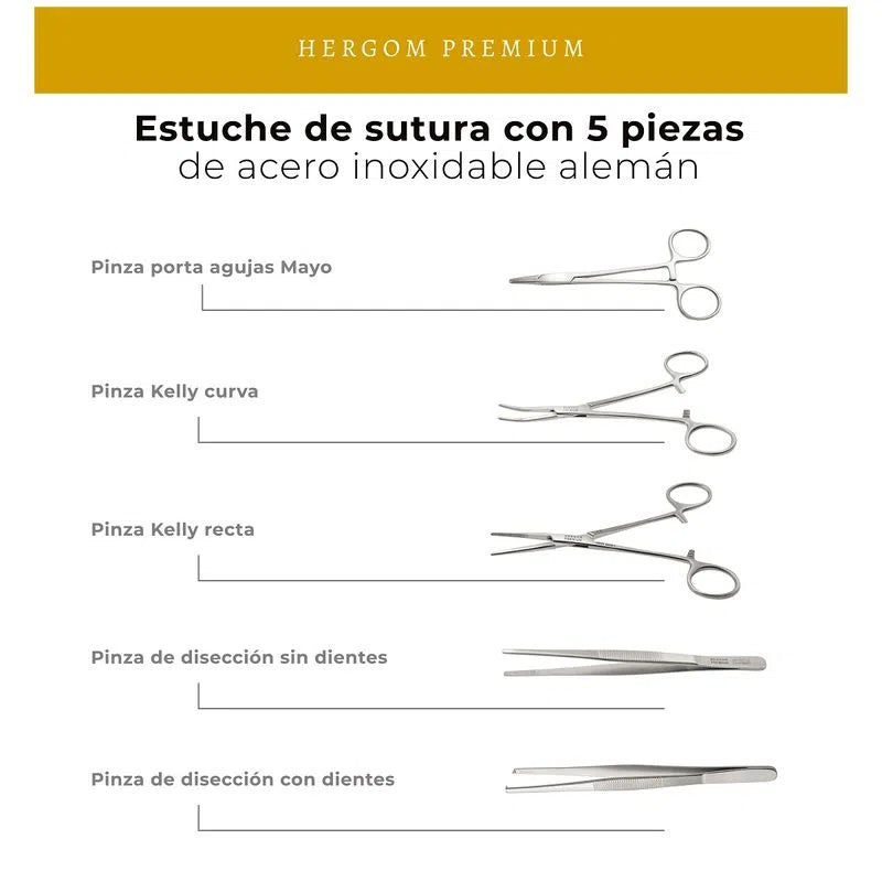 Kit de sutura con estuche con 5 piezas instrumental + pad de 3 capas de silicón, almohadilla mejorada - Marca Hergom Premium