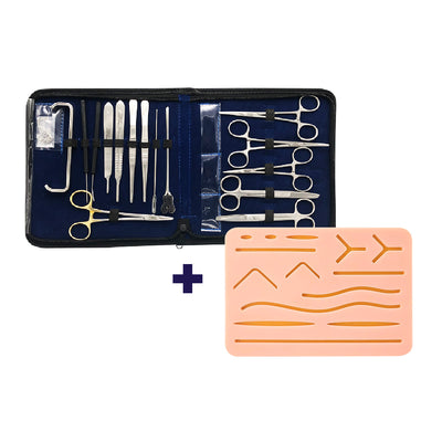 El kit de herramientas de sutura incluye: tijeras, pinzas Adson,  destornillador de aguja, pinzas para mosquitos, mango de bisturí; kit  completo de