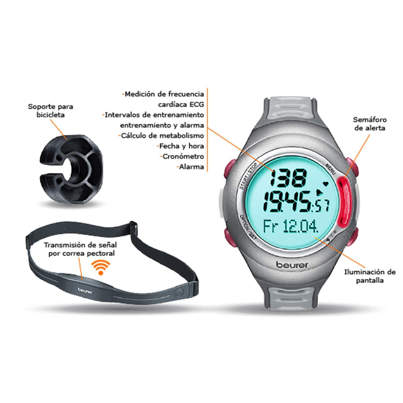 Reloj Pulsómetro Digital de muñeca para medición precisa de Frecuencia Cardiaca, Sumergible hasta 30 Mts, Color Gris/Rojo - Marca Beurer